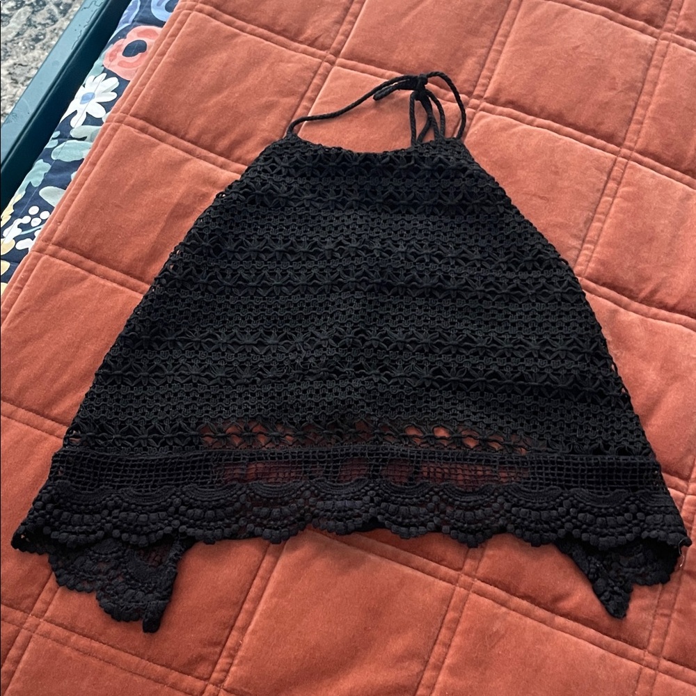 Black Crochet Top Halter Top Lace Top Crop Top Tie Back